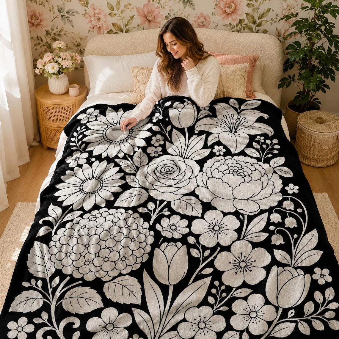 Black and white line-drawn graffiti rug