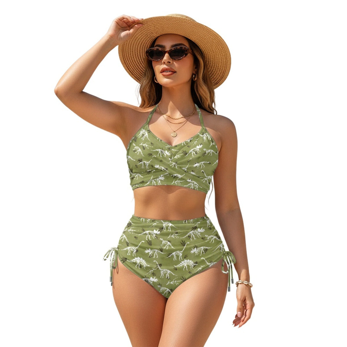 Women Sexy Animal Print High-Waist Drawstring Two-Piece Bikini Swimsuit