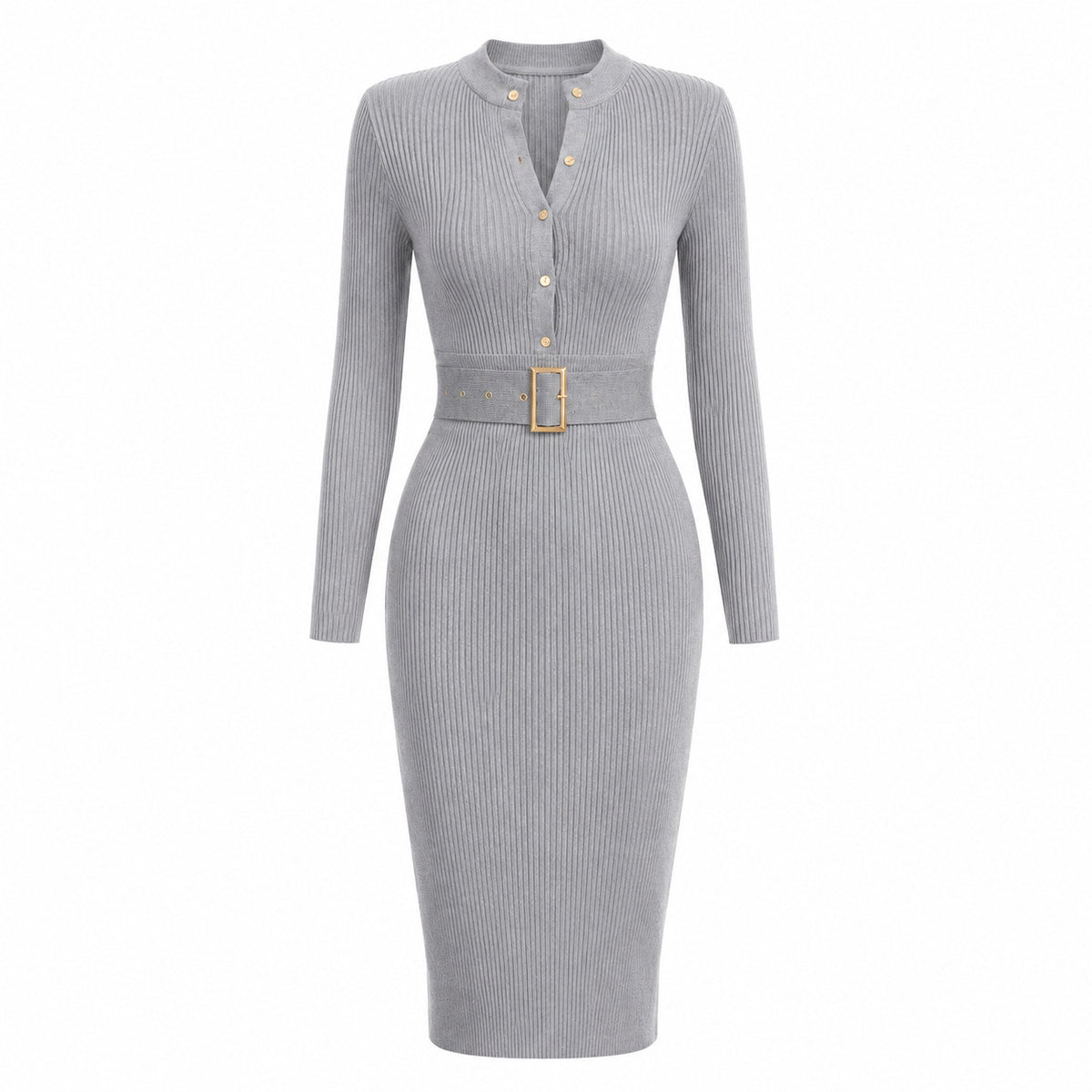 Elegant Bodycon Knitted Ribbed Midi Dress with Belt