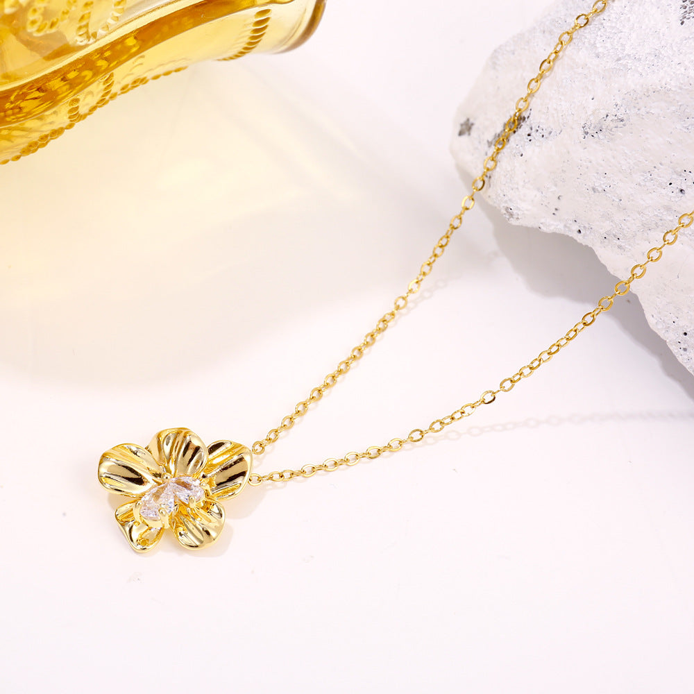 Floral Zircon Cross Chain Necklace
