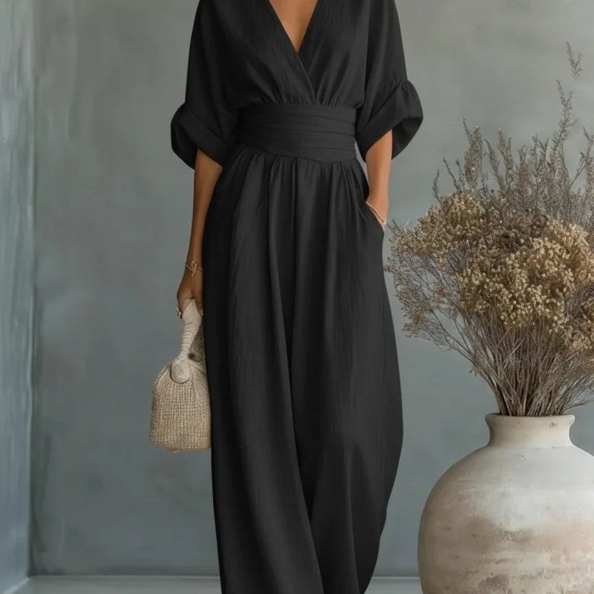 Elegant V Neck Waist Cinching Women Jumpsuit