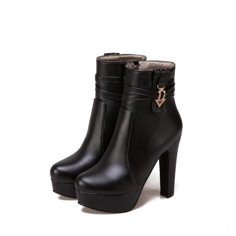 Women Chunky Heel Ankle Boots Side Zipper Rhinestone Short Boots