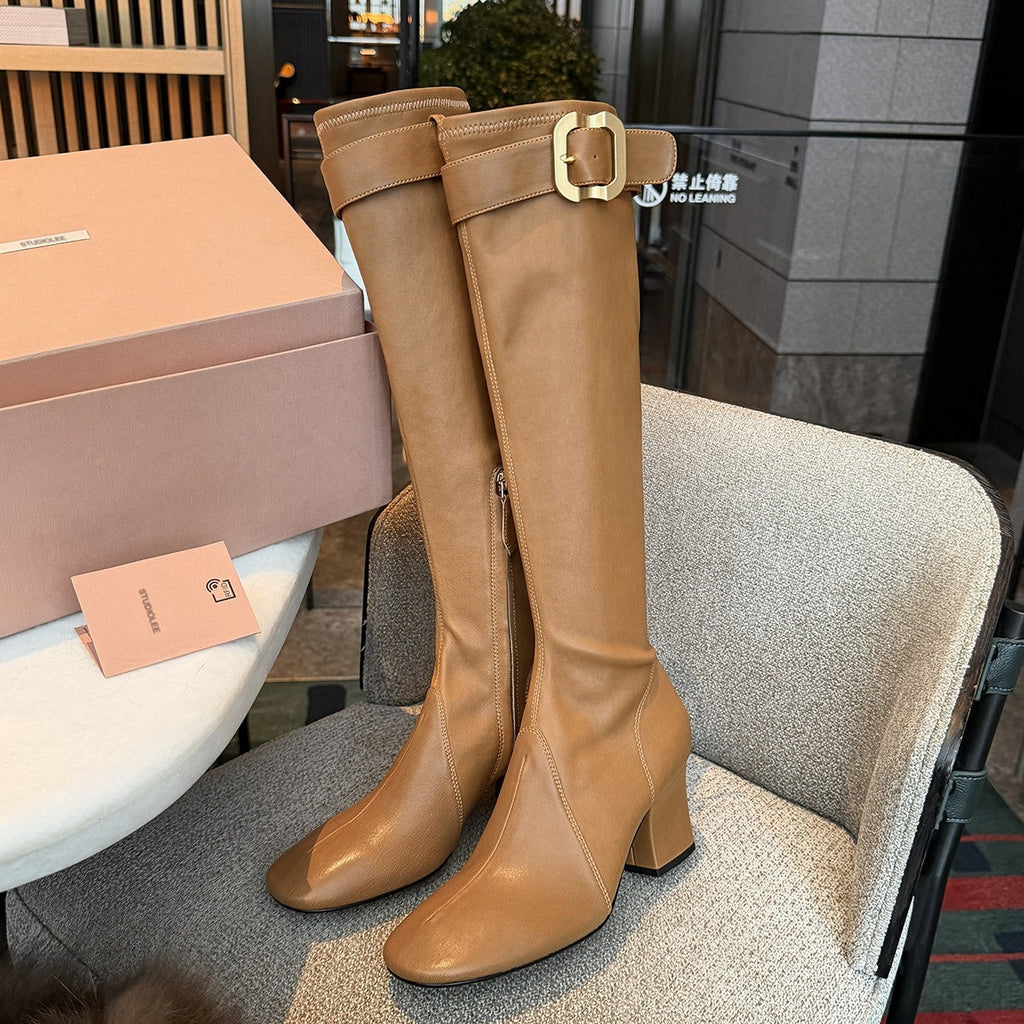 Women's Chunky Heel Knight Boots with Gold Buckle