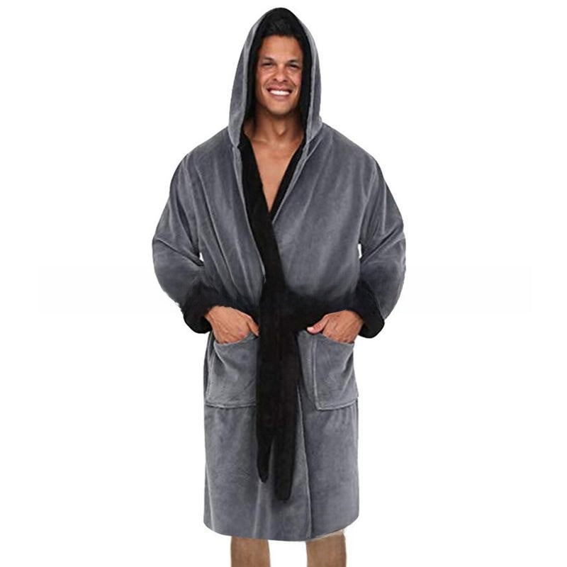 Men's Extra Thick Hooded Nightgown Warm Long Sleeve Robe