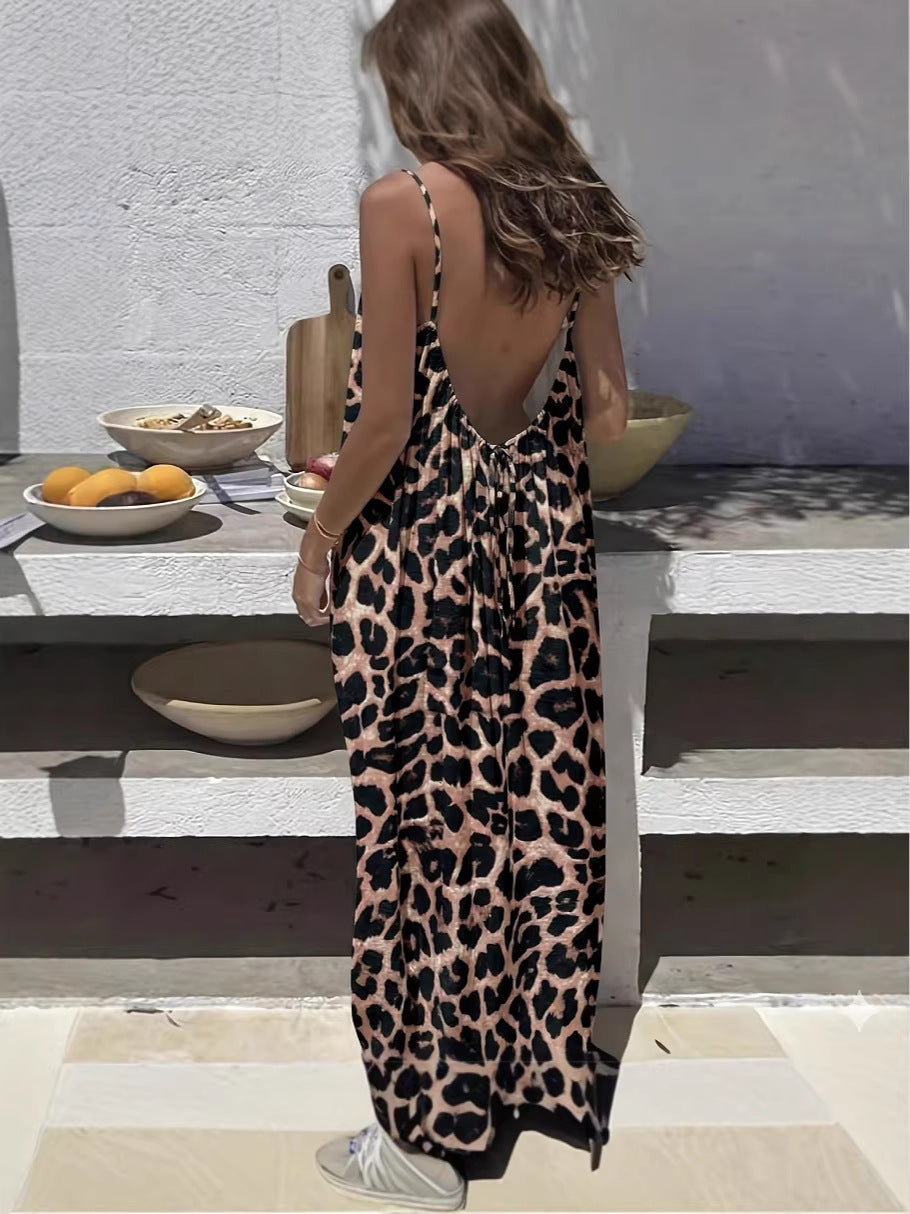 Womens Backless Loose Print Slip Dress