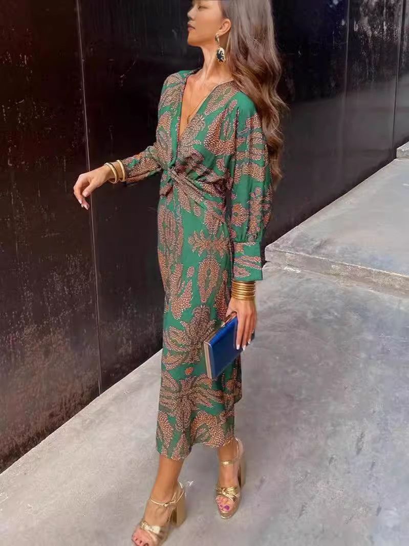 Women's Autumn 3D Printed V-Neck A-Line Mid-Length Dress