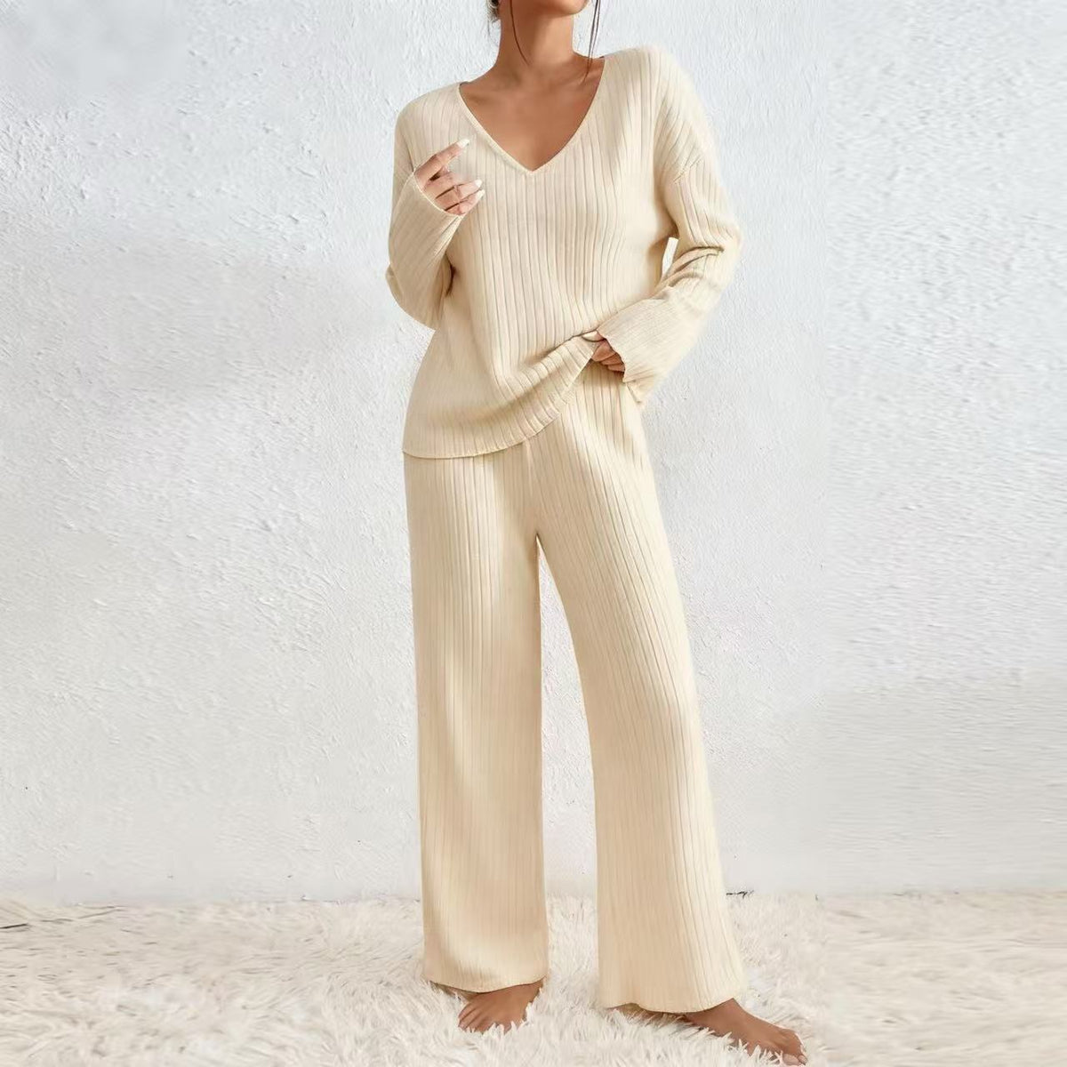 Women V-Neck Loose Ribbed Knit Long Sleeve Top Suit Set