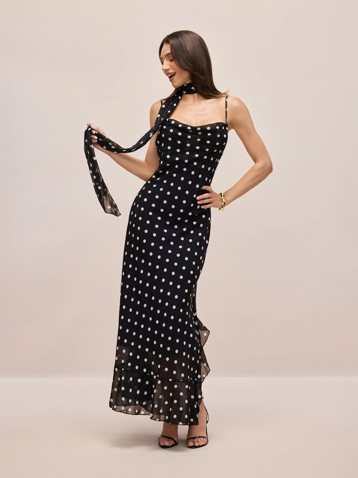 Women's Retro Polka Dot Ribbon Strap Slim Fit Long Dress