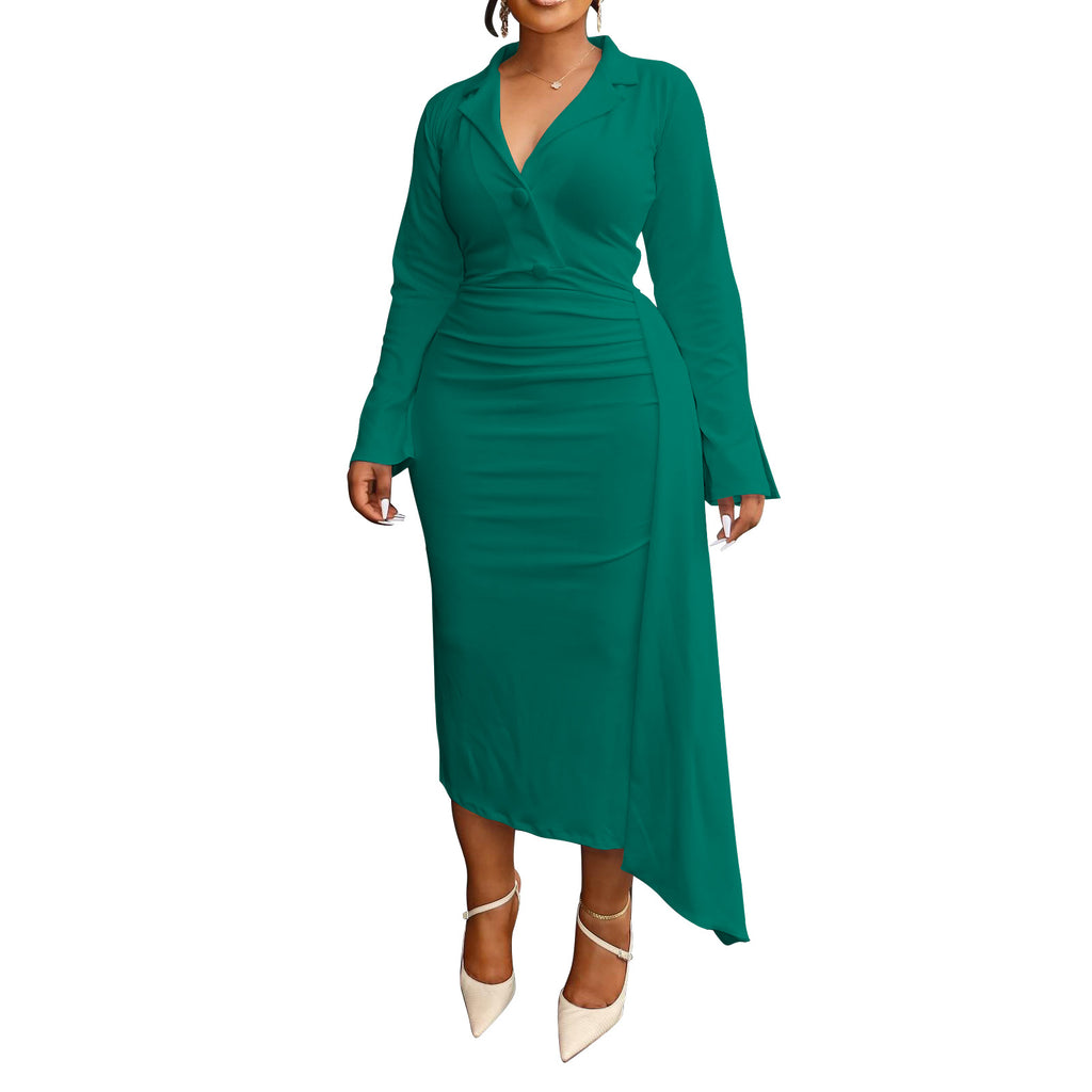 Womens V-Neck Pleated Spliced Dress