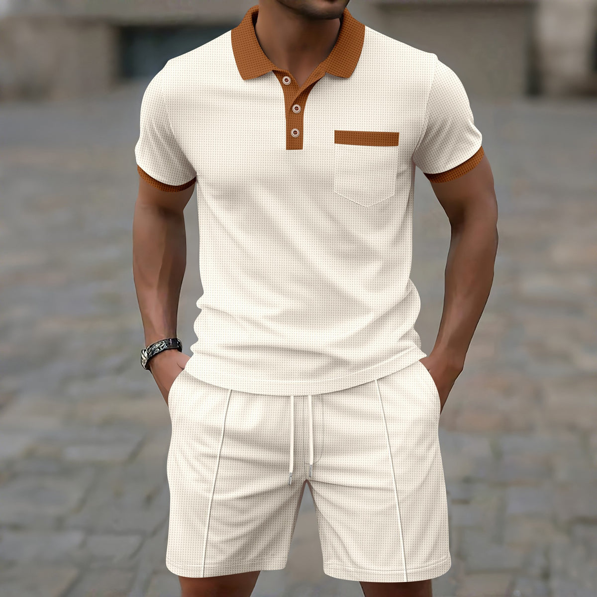 Men's Waffle Knit Polo and Shorts Set
