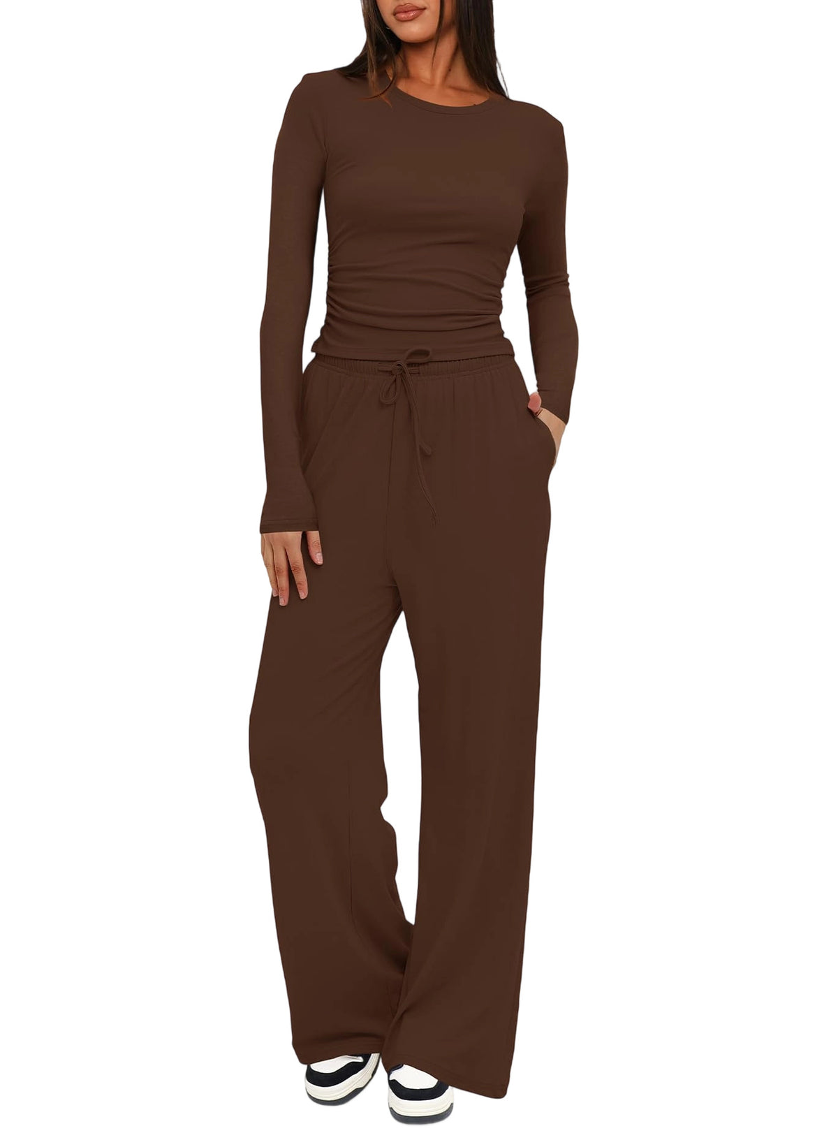 Solid Color Long Sleeve Top and High Waisted Wide Leg Pants Sportswear Set