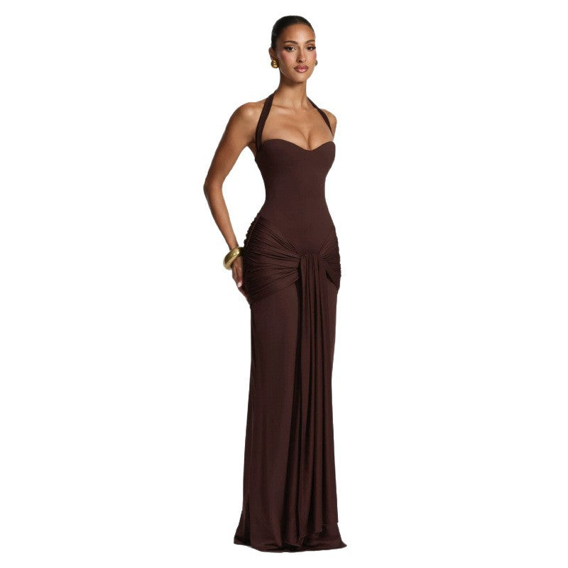 Halter Neck Ruched Slim Fit Long Dress