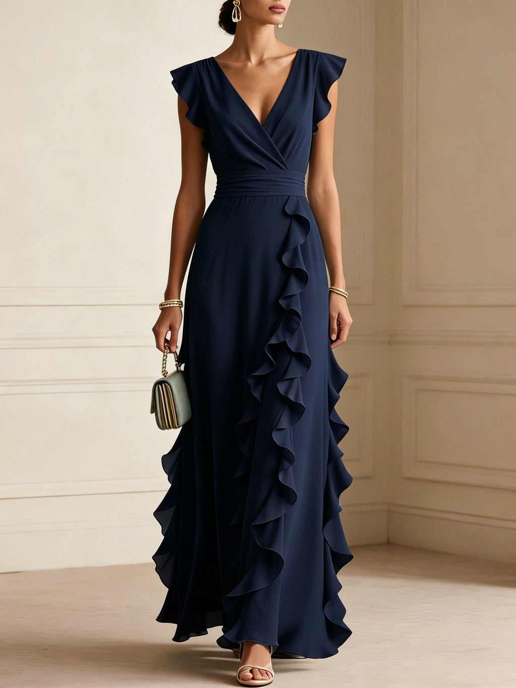 Solid Color, Ruched, Short-Sleeve, V-Neck, Dress, Chiffon Gown