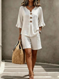 Button V-Neck Ruffled Cropped Sleeve Top Shorts Set