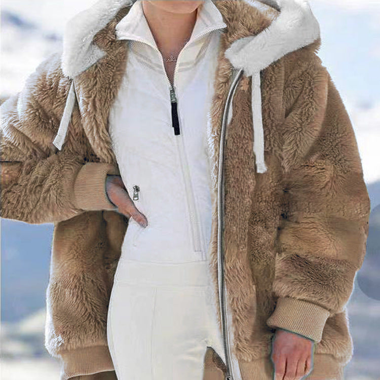 Womens Loose Fit Plush Zipper Hooded Jacket