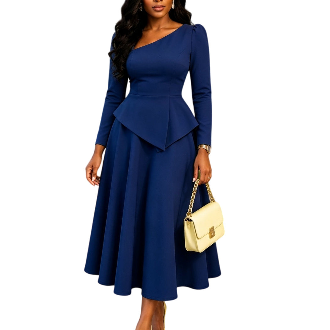 Women's Slanted Neckline Ruffled Waist Midi Dress