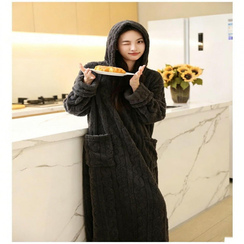 Women Hooded Coral Fleece Warm Long Sleeve Nightgown