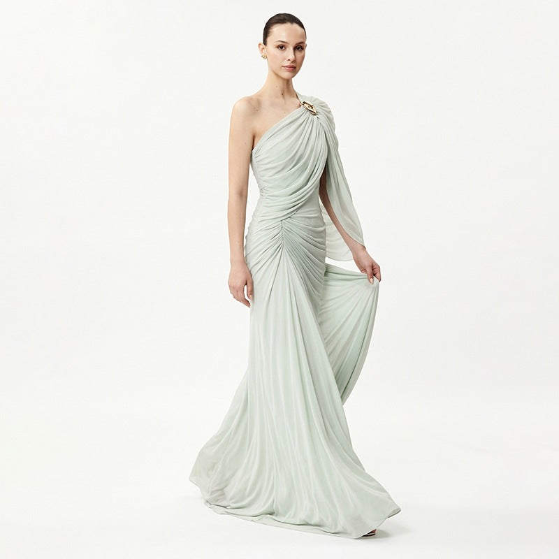 Women Vintage Pleated High Waist Irregular Hem Long Dress Sleeveless Slim Fit Casual Maxi Dress