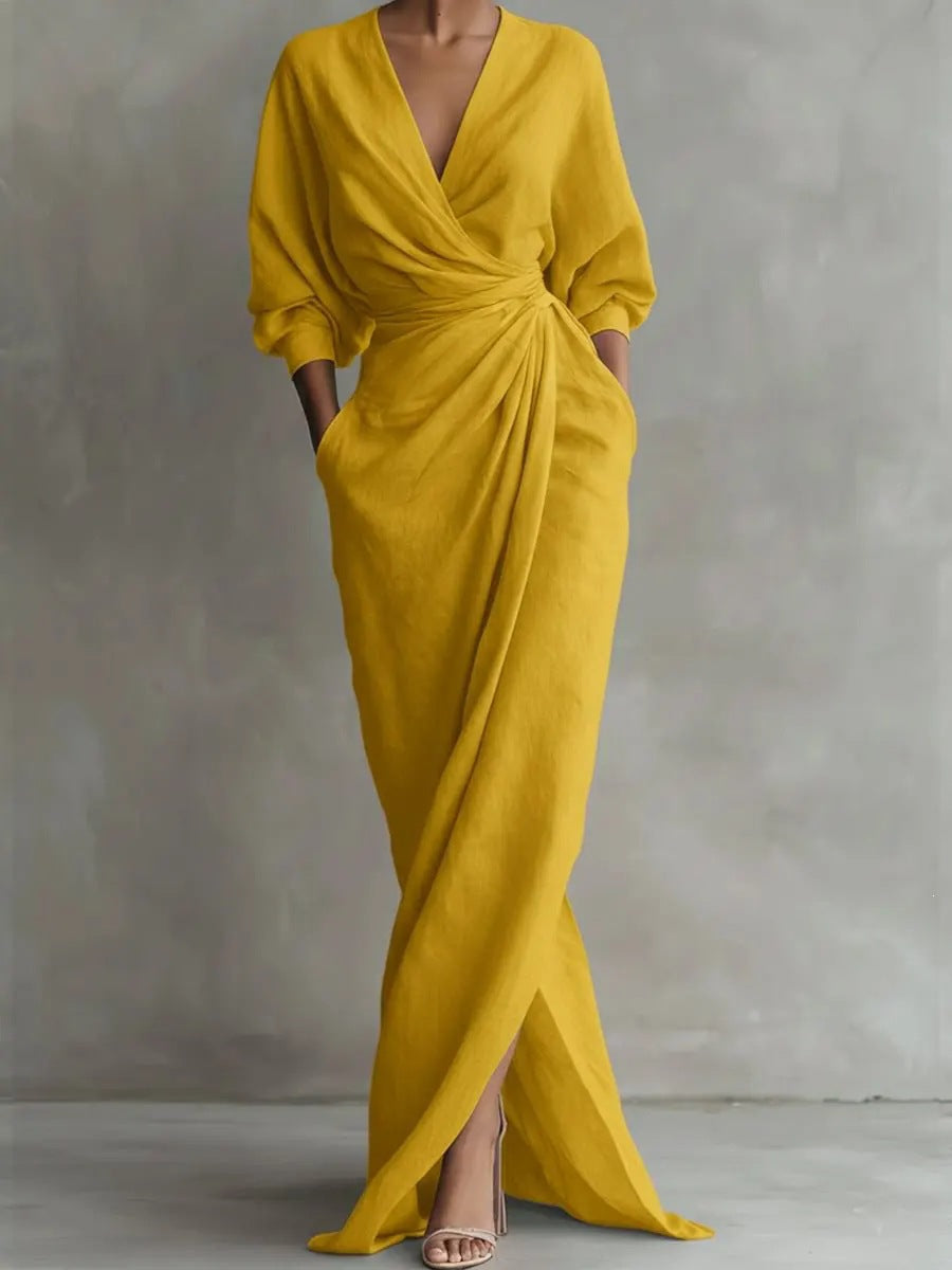 Solid-color V-neck long-sleeve slit waist-cinching dress with pockets