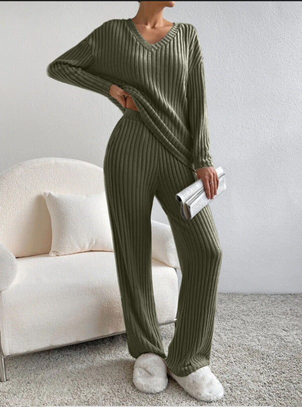 Women's V-Neck Ribbed Knit Two-Piece Set