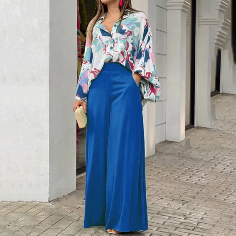 Floral Print Shirt and Wide-Leg Pants Set