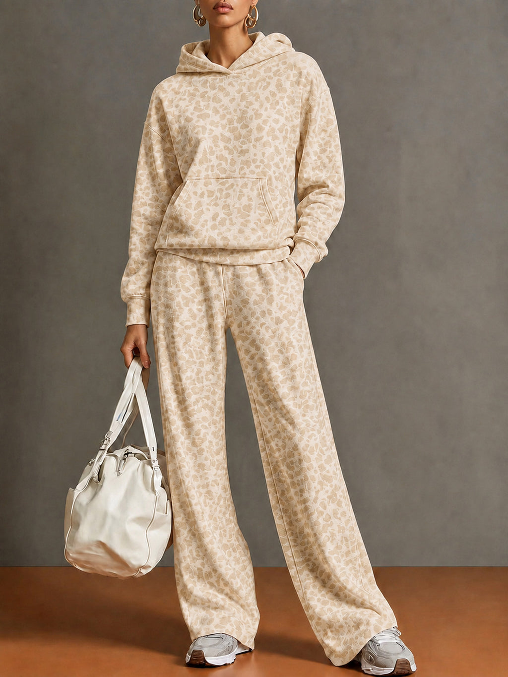 Vintage Leopard Print Hooded Sweatshirt and Wide-Leg Pants Set