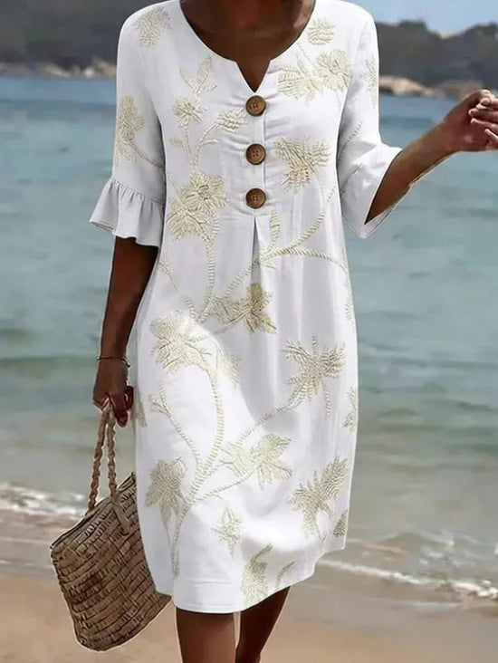 Women's V-Neck Printed Ruffle Mid-Sleeve Summer Dress
