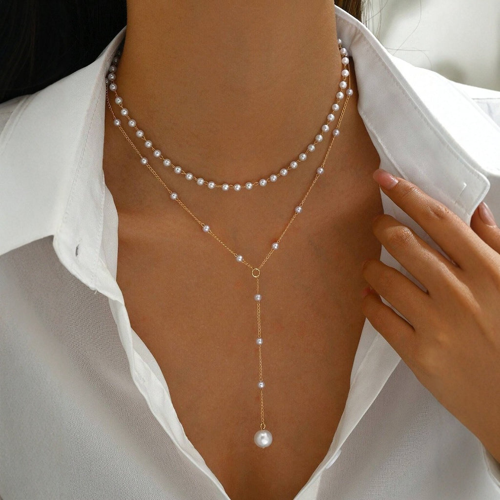 Y-Shape Pearl Tassel Layered Necklace
