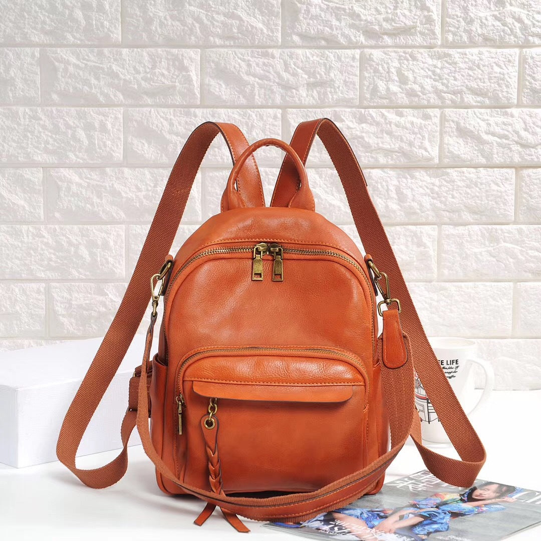 Genuine Leather Backpack Women First Layer Cowhide Retro Solid Color Student Schoolbag