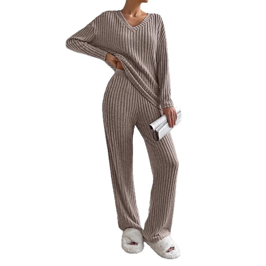 Women's V-Neck Ribbed Knit Two-Piece Set