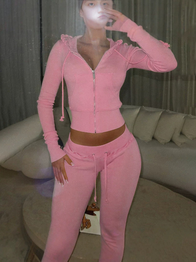 Women's Short Zip-Up Hoodie and Flared Pants Two-Piece Set