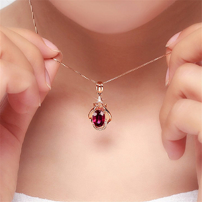 Rose Gold Plated Red Tourmaline Water Drop Gemstone Pendant Necklace with Chain