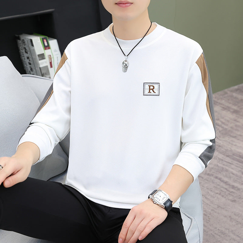 Men's Patchwork Letter Embroidery Long Sleeve Round Neck Loose Polyester T-Shirt