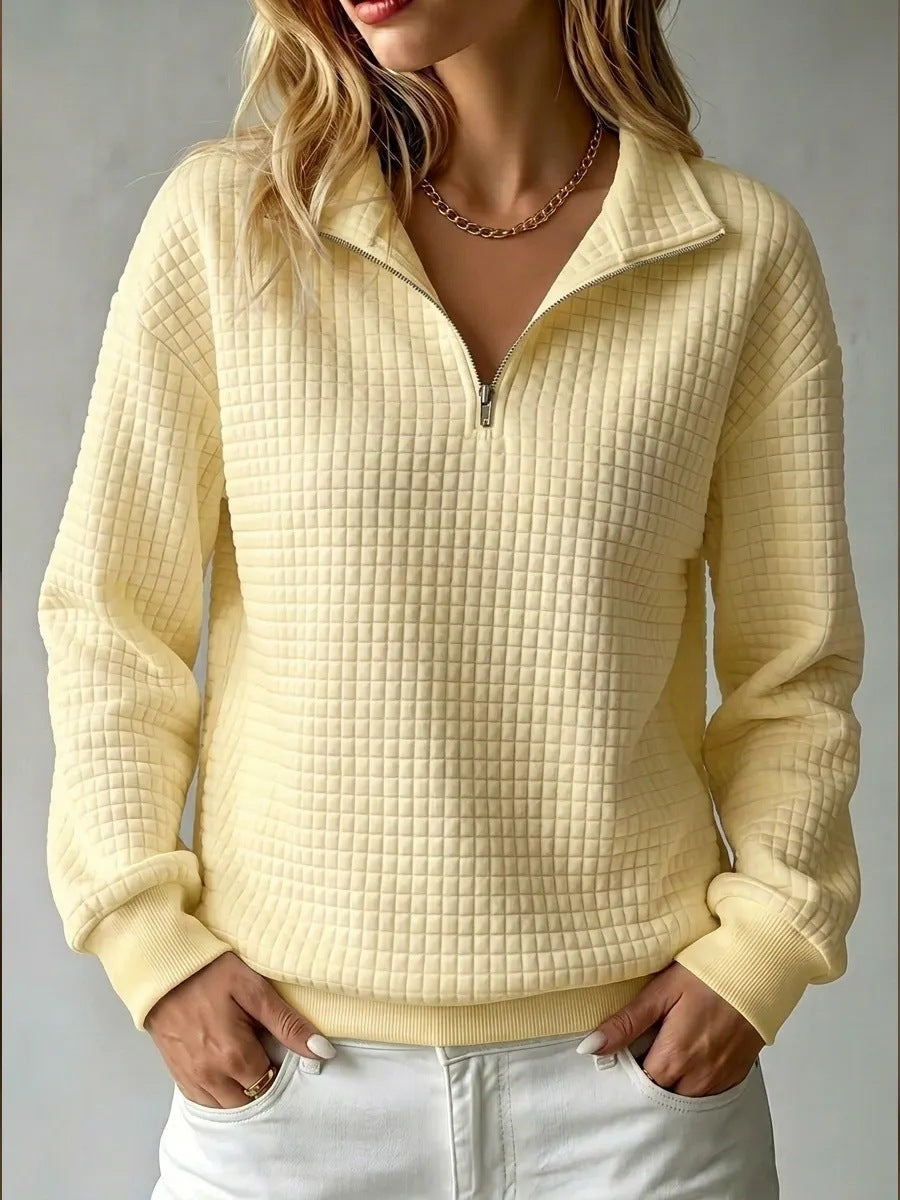 Women's Stand Collar Zip Long Sleeve Waffle Knit Patchwork Sweatshirt