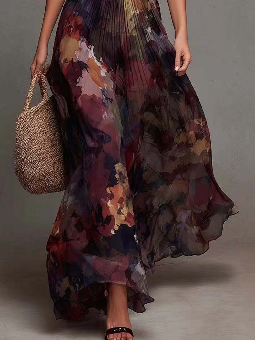 Sniffy Printed Slim-Waist Pleated Fishtail Skirt