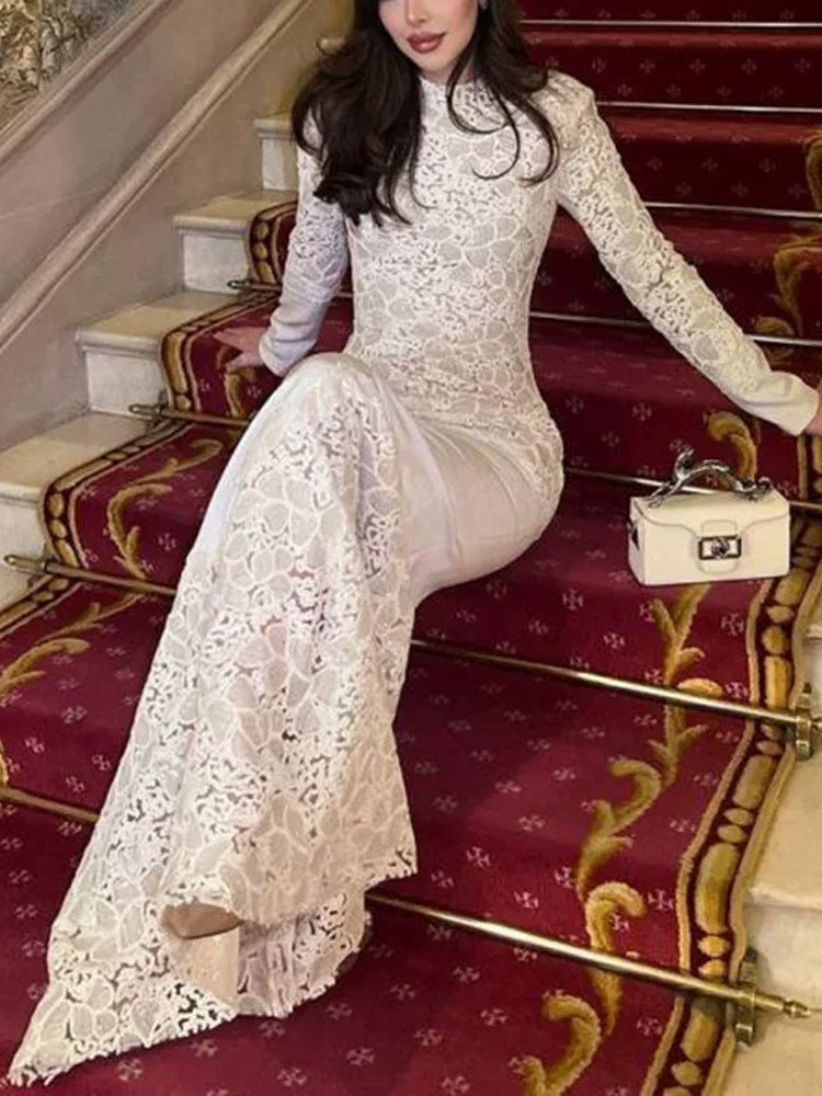 Elegant Lace Fishtail Long Sleeve Slim Fit Evening Dress