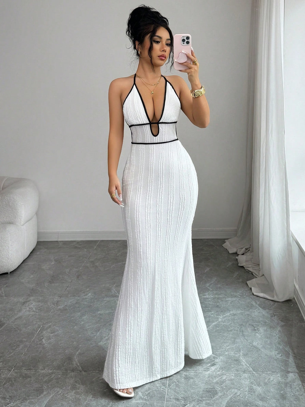 Deep V open-back fitted halter dress