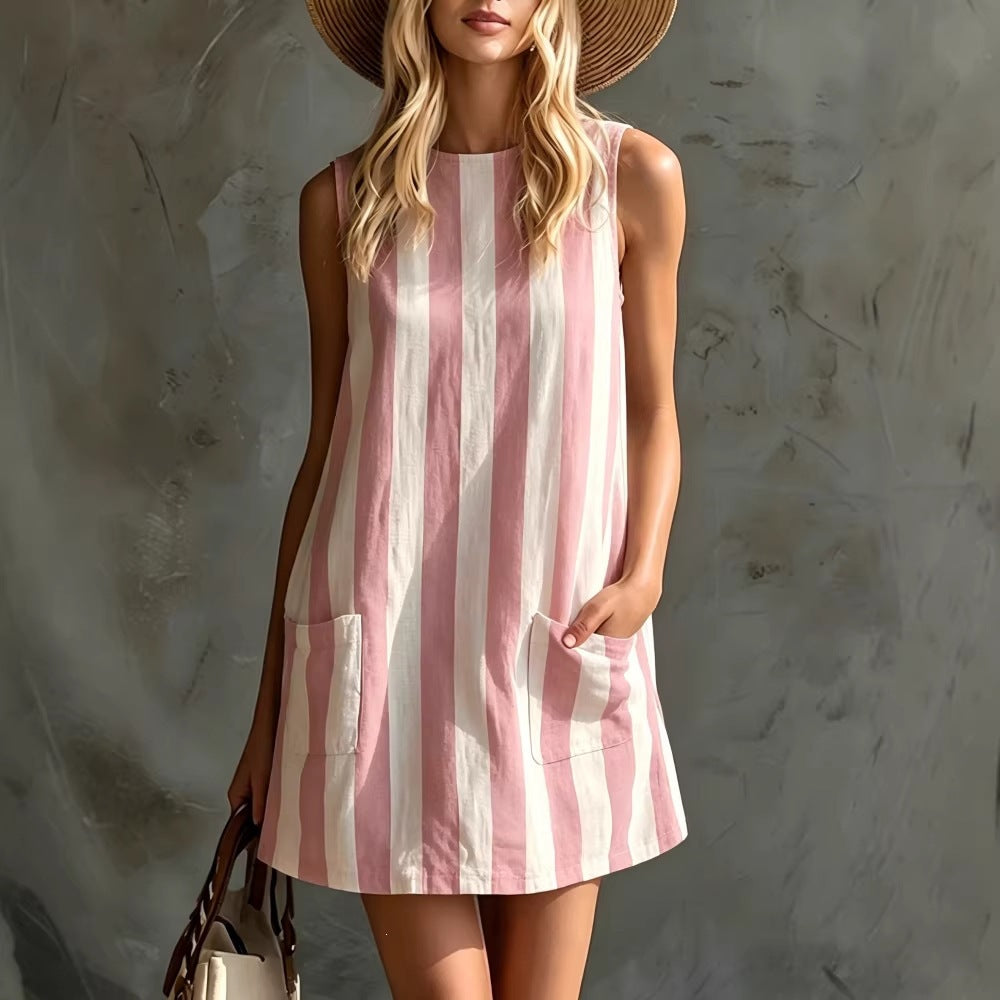 Retro Striped Sleeveless Round Neck Cotton and Linen  Dress