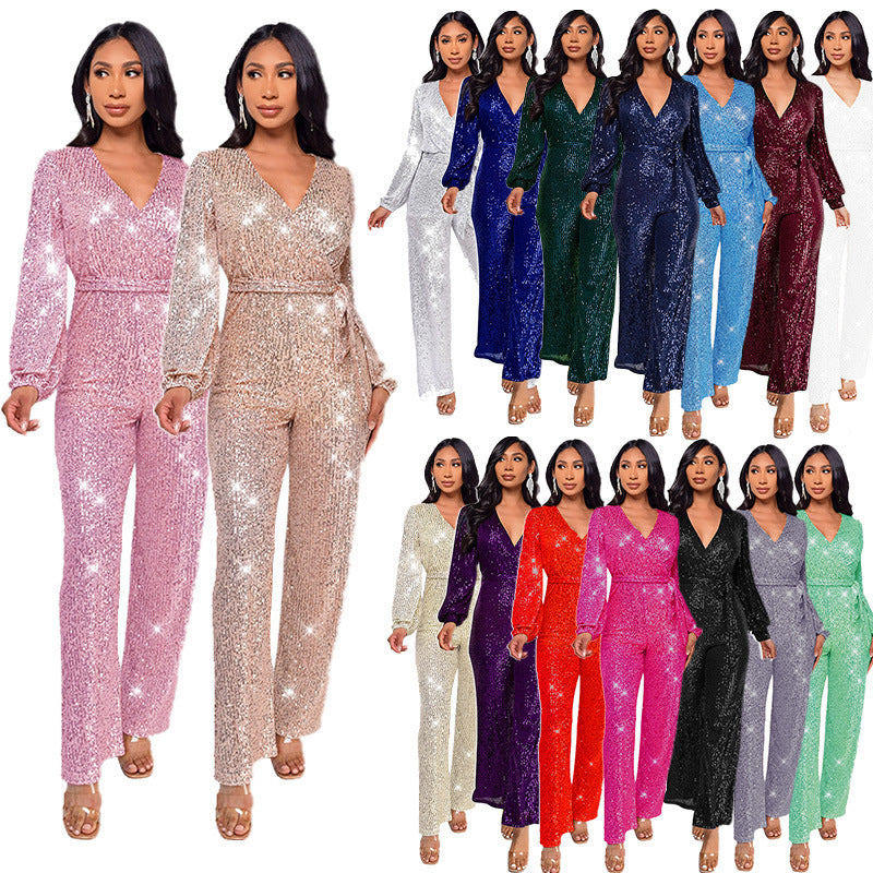 Women's Long Sleeve Deep V Neck Jumpsuit with Sequined Belt