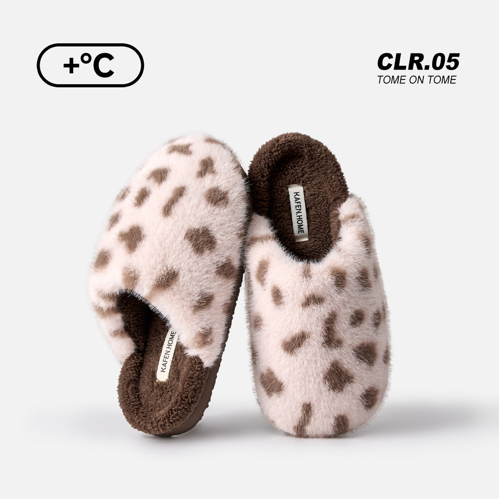 Women Winter Warm Fleece Lined Leopard Print Plush Closed Toe Non Slip House Slippers