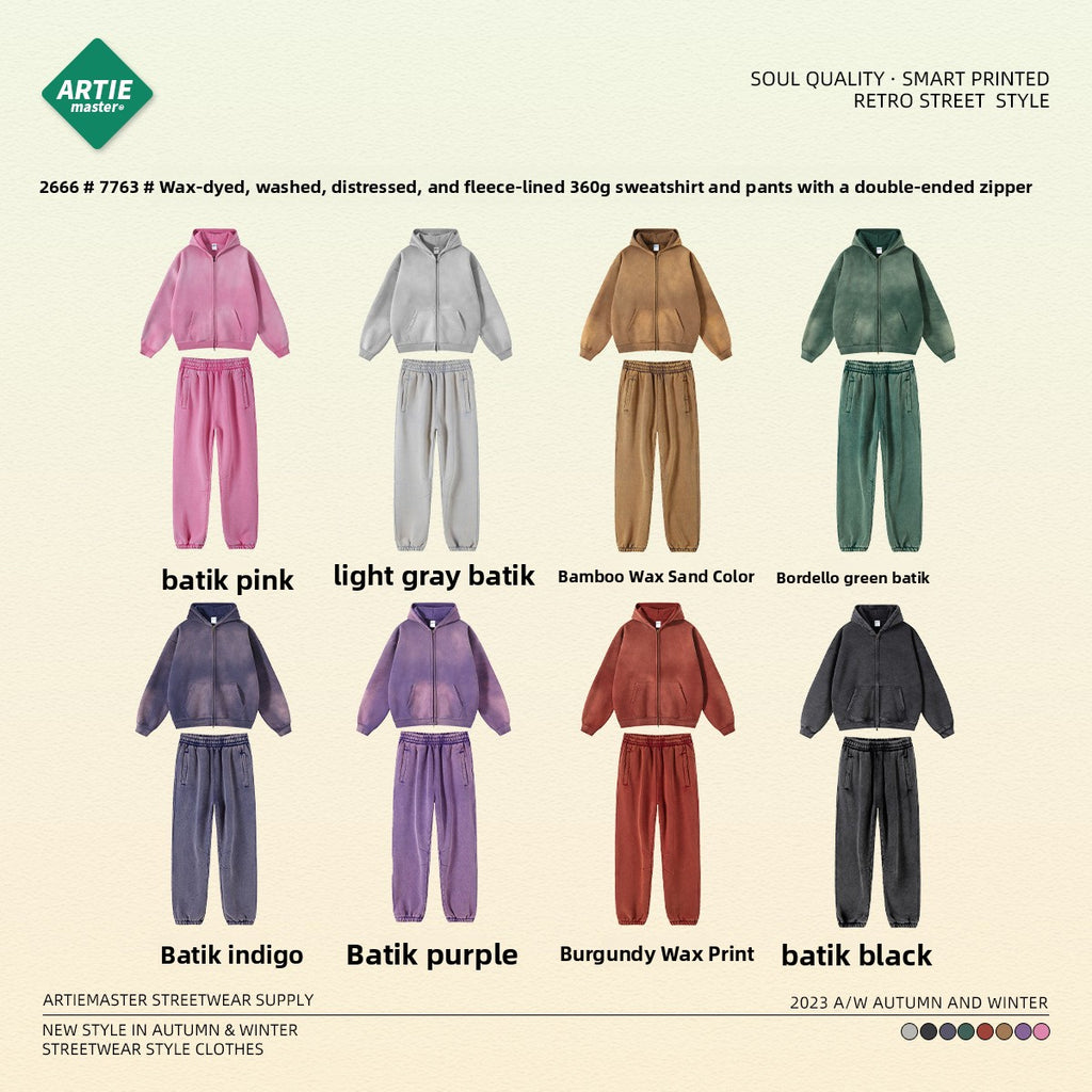 Men's garment dyeing distressed and padded double-headed zipper sweatshirt and pants set
