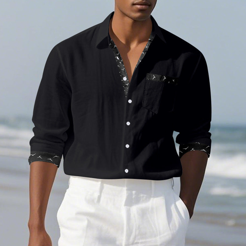 Men's Solid Color Long Sleeve Lapel Shirt Digital Print