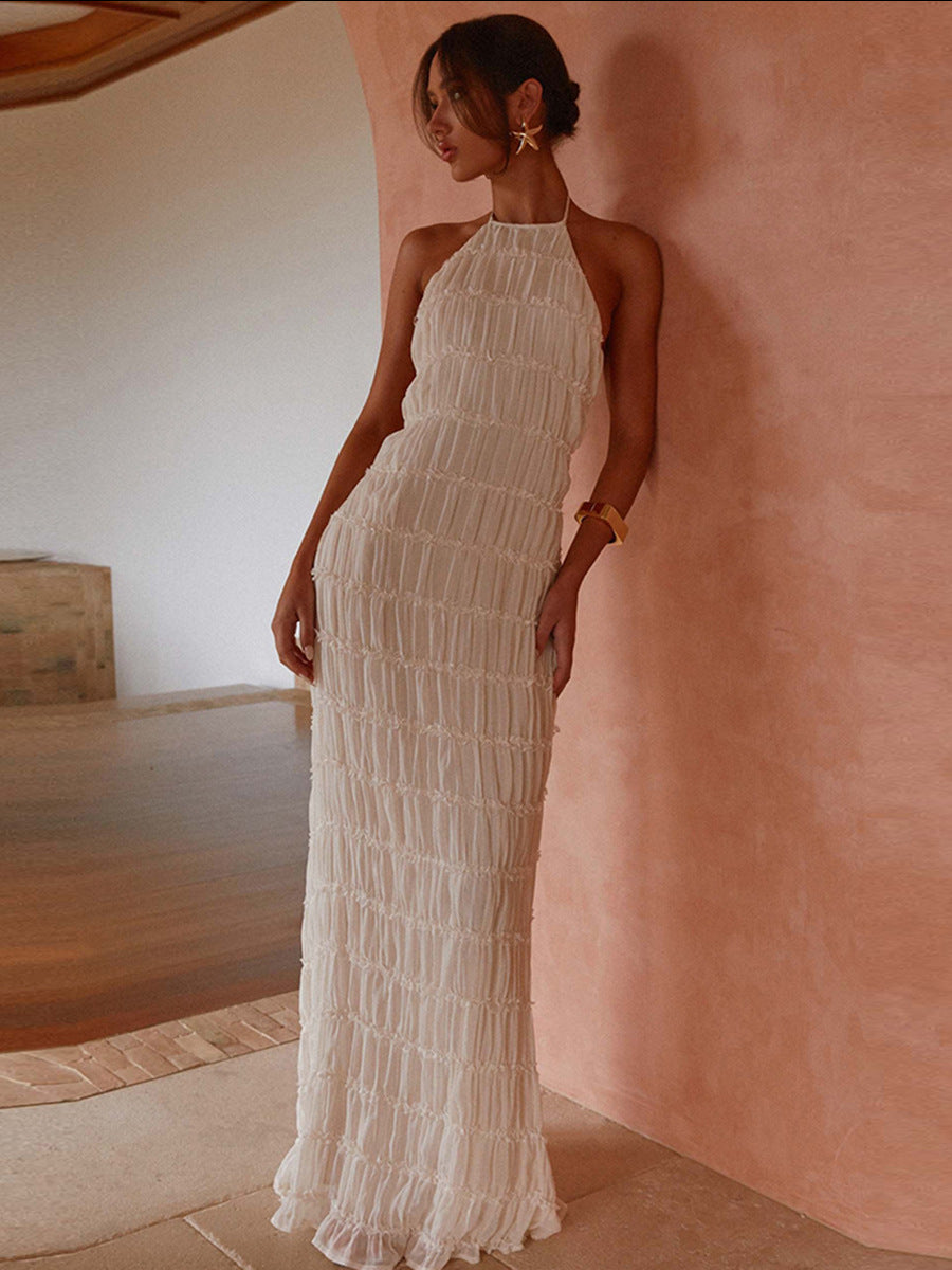 Womens Backless Pleated Long Dress