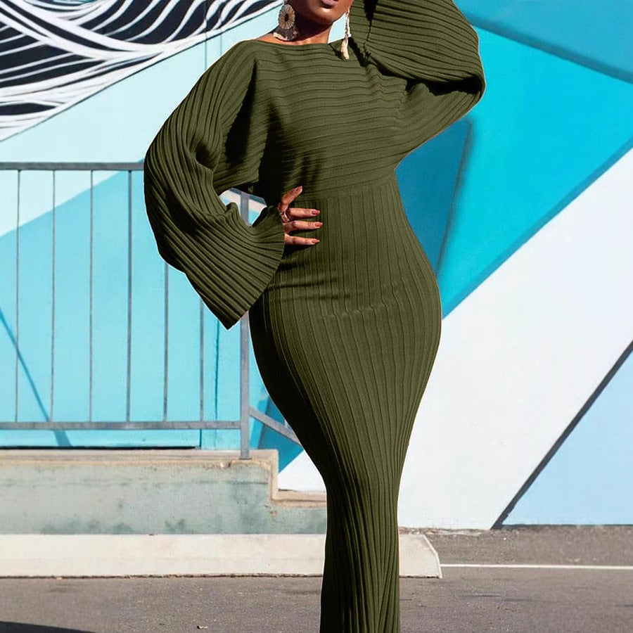 Women's Ribbed Knit Long Sleeve Bell Sleeve Bodycon Dress