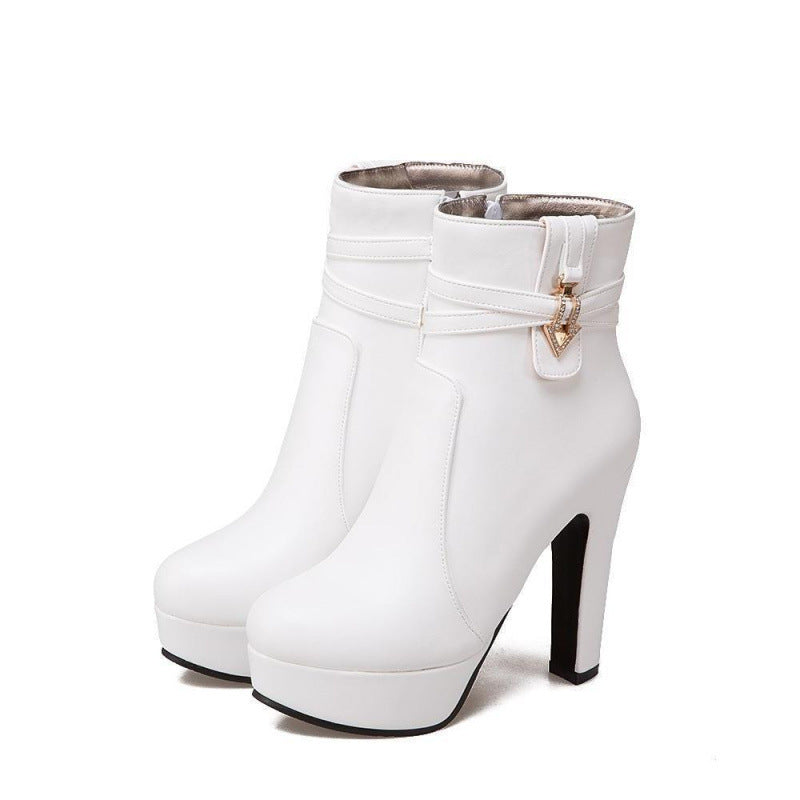 Women Chunky Heel Ankle Boots Side Zipper Rhinestone Short Boots
