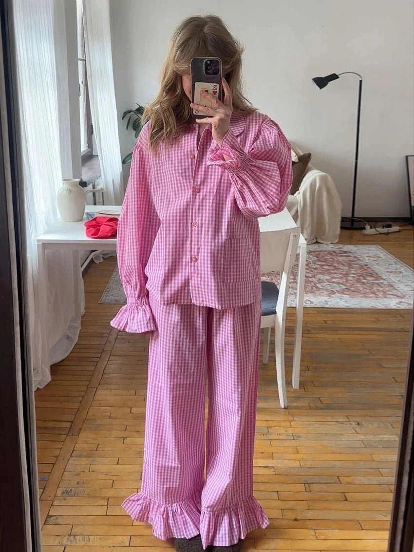 Cross-Border Pure Cotton Plaid Long-Sleeved Pants Two-Piece Set European and American 2025 Autum New Ruffled Shirt Pants Suit
