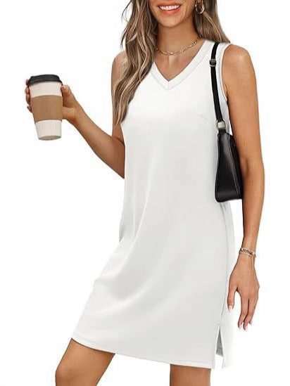 V-neck sleeveless halter-style solid-color blouse dress