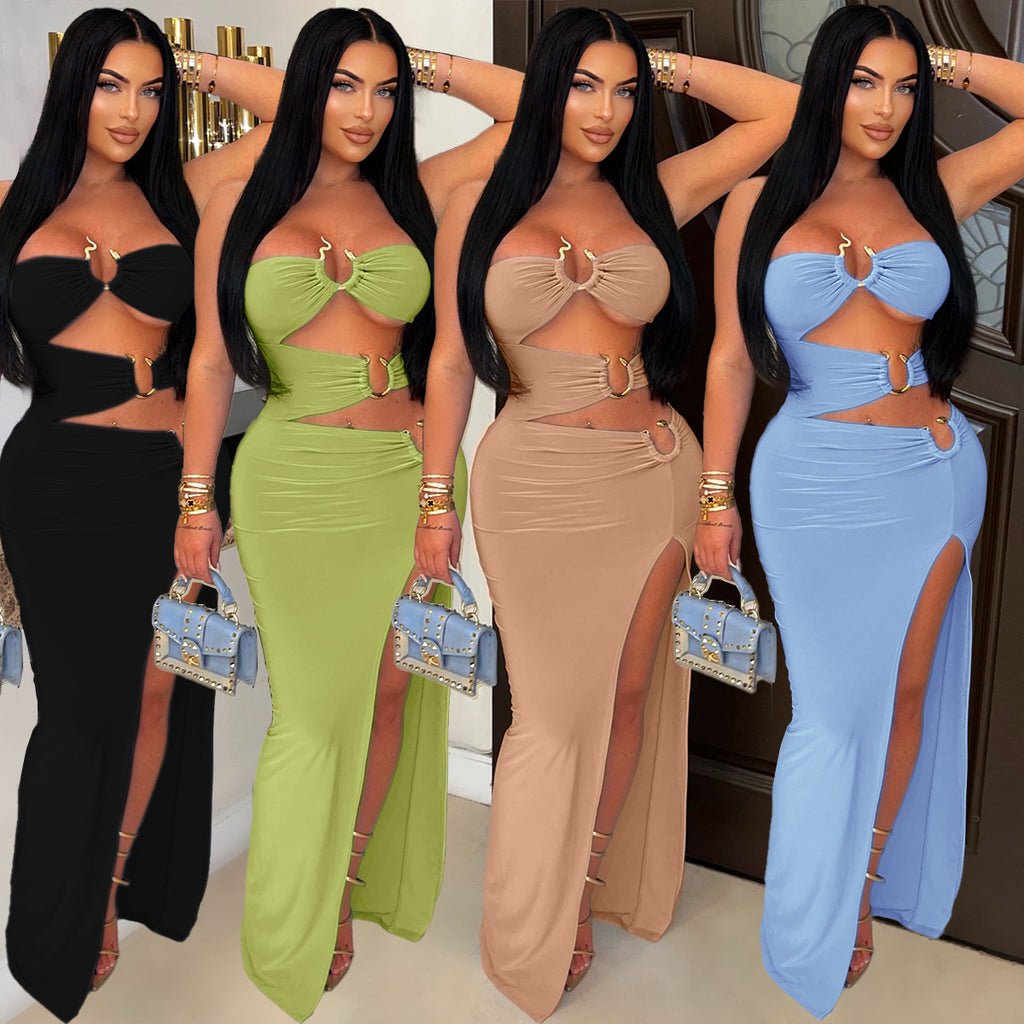 Hollow Metal Ring Bodycon Long Dress