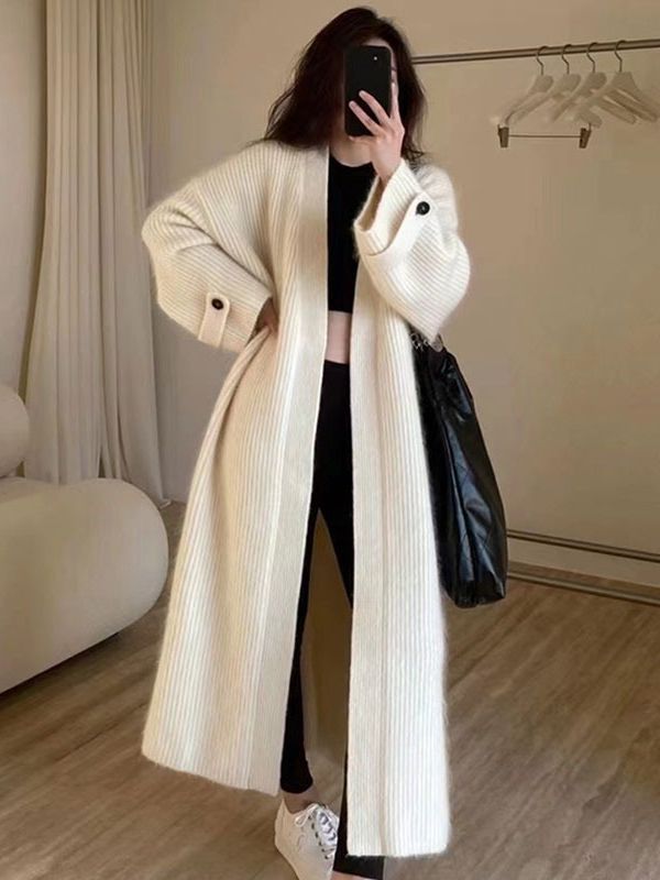 Womens Long Knitted Cardigan with V-Neck