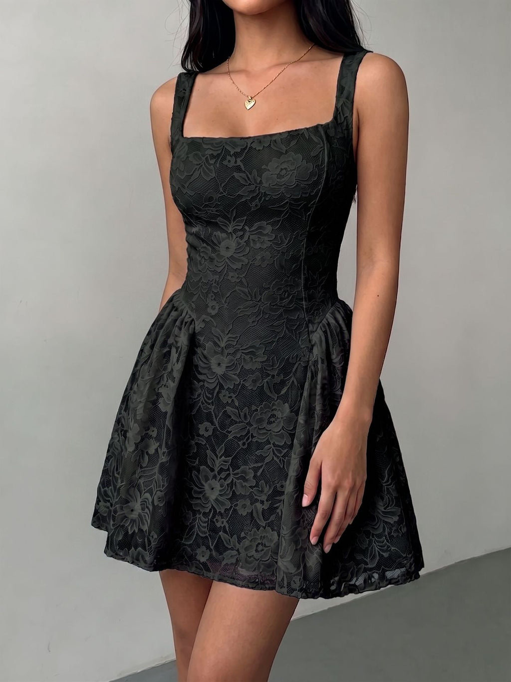 Women Square Neck Lace Dress with Wide Waistband Floral Puff Short Skirt